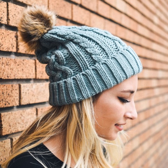Accessories - Cable Knit Beanie with Faux Fur Pom